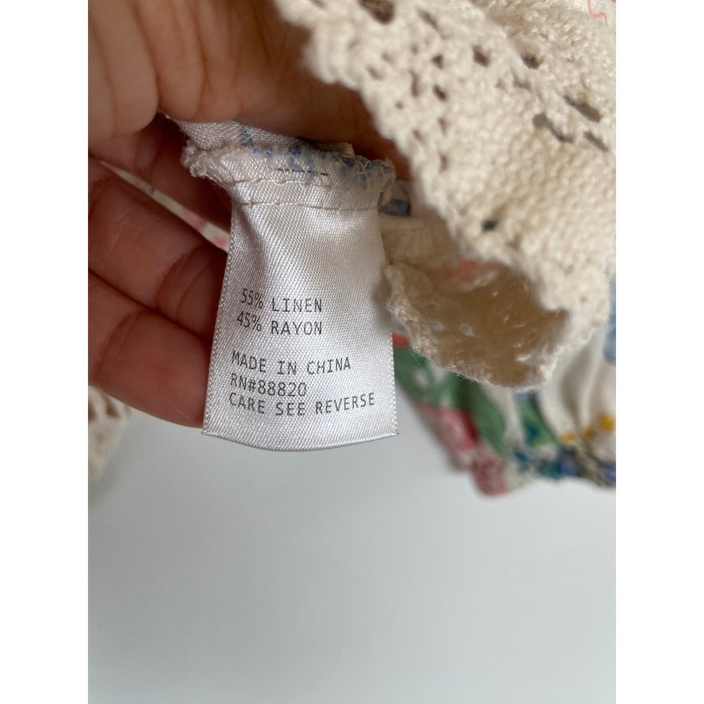 Christian Siriano Linen Blend Floral Top S Lace Trim Boho Babydoll Squared Neck - Picture 9 of 9